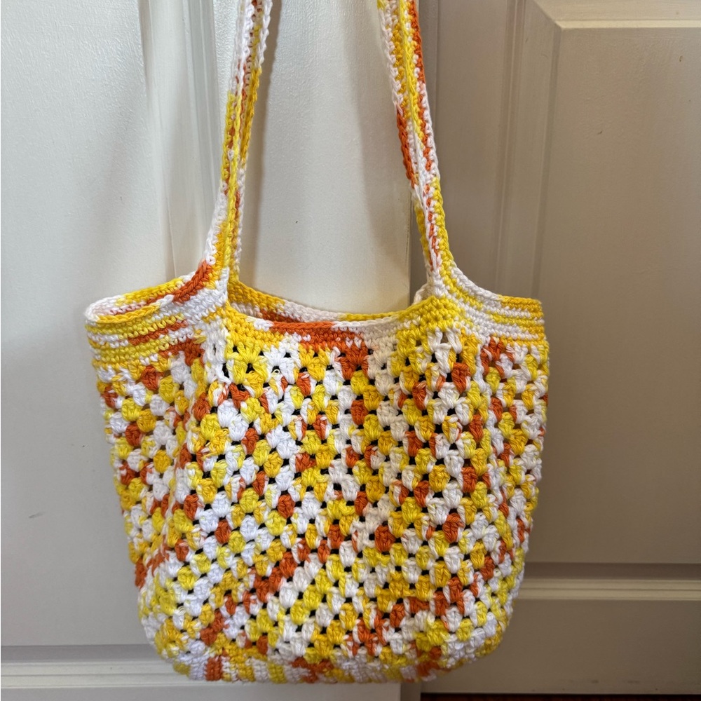 Handmade Crochet Tote Bag - Yellow, Orange, and White